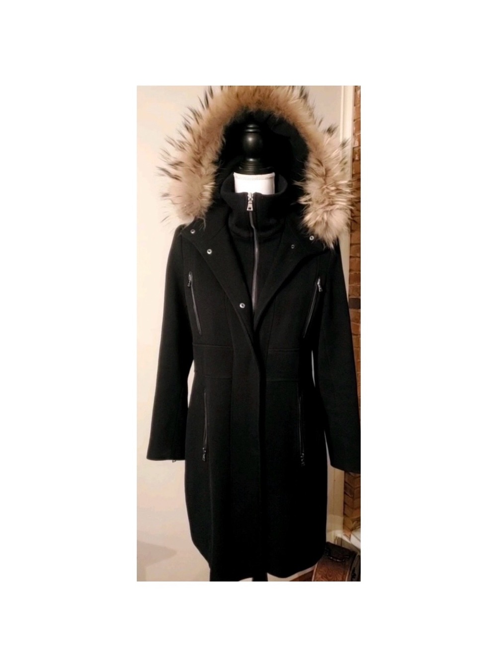 Women's Black Trench Coat with Faux Fur-Trim Hood